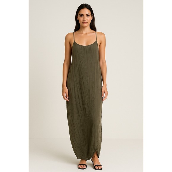Mod Ref Faux Wrap Maxi Dress Soft Gauze Olive Green Medium Adjustable Straps - Picture 1 of 7